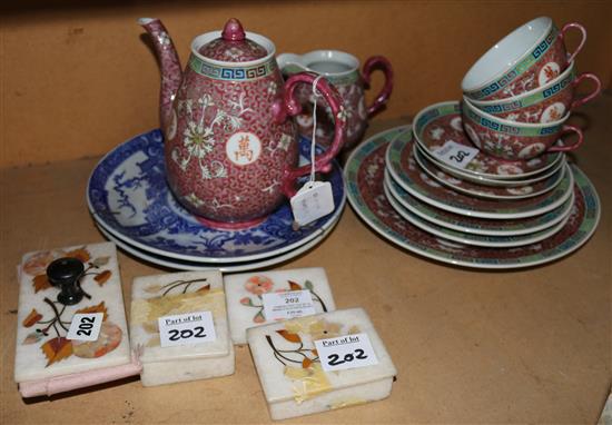 Chinese part tea set & marble blotter & boxes